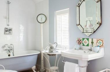 Pale blue and white bathroom